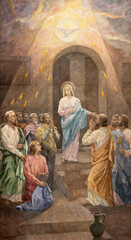 VALENCIA, SPAIN - FEBRUAR 14, 2022: The painting of Pentecost in the church Iglesia San Francisco de Borja by Miguel Vaguer (1973).