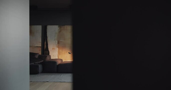 Real Contemporary minimalist interior design, the living room with black and gray tone with italian black furniture. Modern Living Room. cozy Minimalist Apartment. Luxury House and comfort Lifestyle