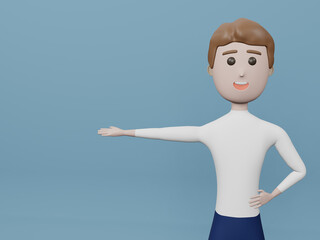 Cartoon character man showing hand at direction. Man presenting on blue background. 3d rendering image.