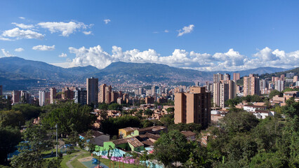 Panoramic of the buildings of the El Poblado neighborhood, Medellin, Colombia, photographic shots with a drone