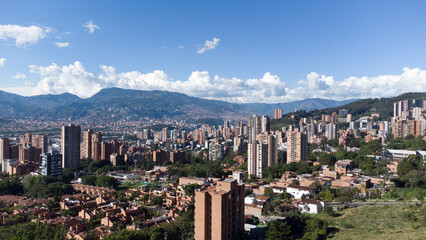Obraz premium Panoramic of the buildings of the El Poblado neighborhood, Medellin, Colombia, photographic shots with a drone