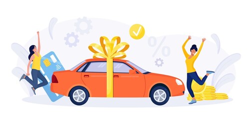 Happy People Celebrating Buying Auto. Automobile Purchase. Women Standing near New Red Sedan Car Wrapped with Big Festive Bow. Cars Rent, Sharing, Leasing. Successful Deal. Vector design
