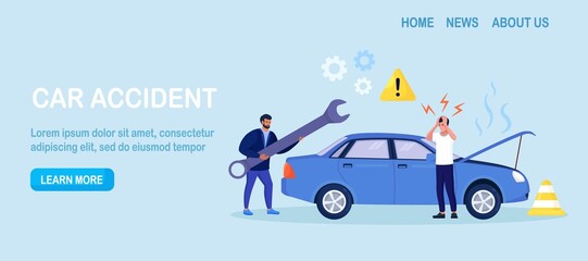 Car accident. Disappointed man in panic standing beside broken auto without insurance.Vehicle damaged, automobile crash. Breakdown of the car on the road. Spoiled transport needs repair. Vector design