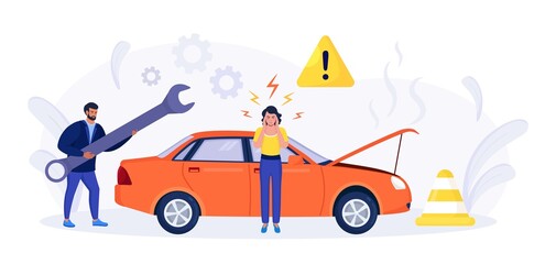 Car accident. Disappointed woman in panic standing beside broken auto without insurance.Vehicle damaged, automobile crash. Breakdown of the car on the road. Spoiled transport needs repair. Vector