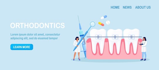Doctors installing braces in orthodontic clinic. Dental doctor in uniform treating human teeth with braces. Prosthetics and dental care. Orthodontic treatment and cosmetic odontology. Vector design