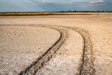 Car tracks on dry salt lake