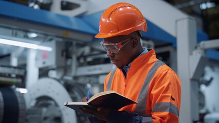Uniformed engineer writing notes at machinery plant. Closeup analyst concept