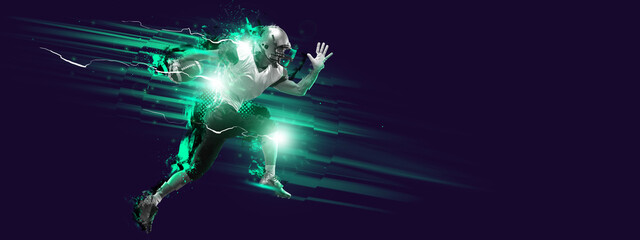 Bright poster with american football player in motion and action with ball isolated on dark...