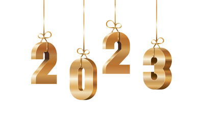 Festive glowing hanging golden 3D numbers 2023 vector illustration isolated for holiday new year greeting card design