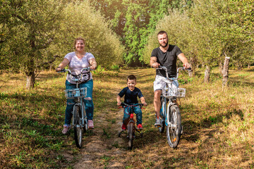 ordinary family on bicycles in the park