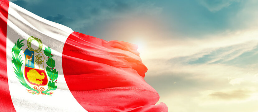 Peru national flag cloth fabric waving on the sky - Image