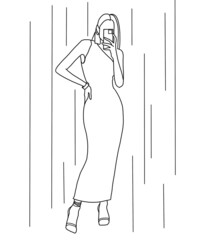 person in the bathroom. Minimalistic illustration of a woman drawn in black lines. Stylish sketch of a model in a dress. Idea for postcard, poster, logo or wallpaper on the phone.