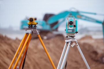 Theodolite survey engineer equipment to measurement positioning on the construction site of the...
