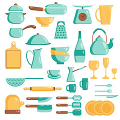 Kitchen tools set. Vector flat illustration Kitchenware collection. Cooking tools, utensils, cutlery isolated on white background.