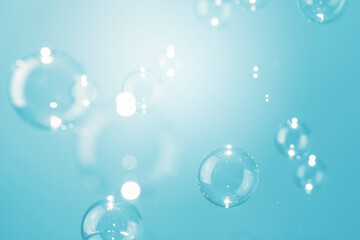 Beautiful Transparent ฺShiny Blue Soap Bubbles Texture Background.	