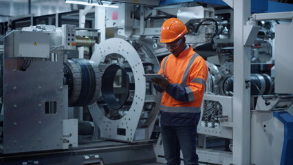 Professional supervisor holding tablet computer at huge modern constructions.