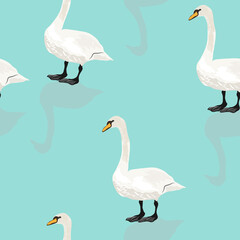 Seamless pattern with swans on a turquoise background. Vector graphic