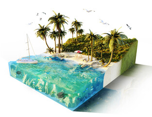 3D illustration of tropical island with palm trees and sailboat