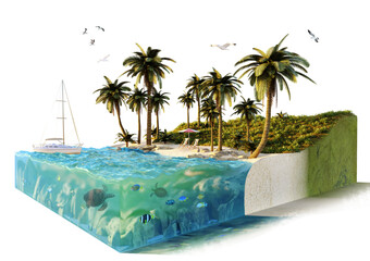 3D render of a conceptual tropical island with palm trees