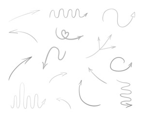 Hand drawn infographic elements on white. Abstract arrows. Line art. Set of different signs. Black and white illustration. Doodles for artworks