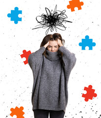 Sad girl in warm sweater having personal problems and terrible headache. Modern design,...