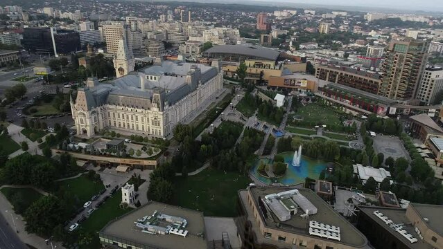 4k aerial view with the center of Iasi city from Moldova, Romania. Palatul Culturii (Palace of Culture) building in frame.