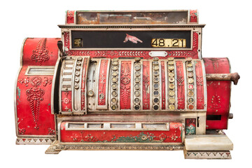 Vintage red ornamental cash register isolated on a white background