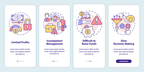 Problems of co-ops onboarding mobile app screen. Partnership issues walkthrough 4 steps graphic instructions pages with linear concepts. UI, UX, GUI template. Myriad Pro-Bold, Regular fonts used