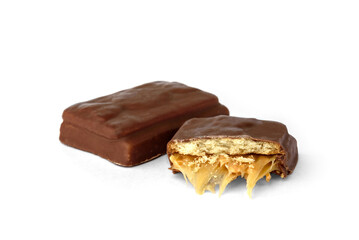 Chocolate dessert with cookie and caramel isolated on white background.