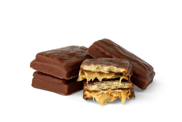 Chocolate dessert with cookie and caramel isolated on white background.
