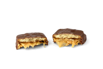 Chocolate dessert with cookie and caramel isolated on white background.