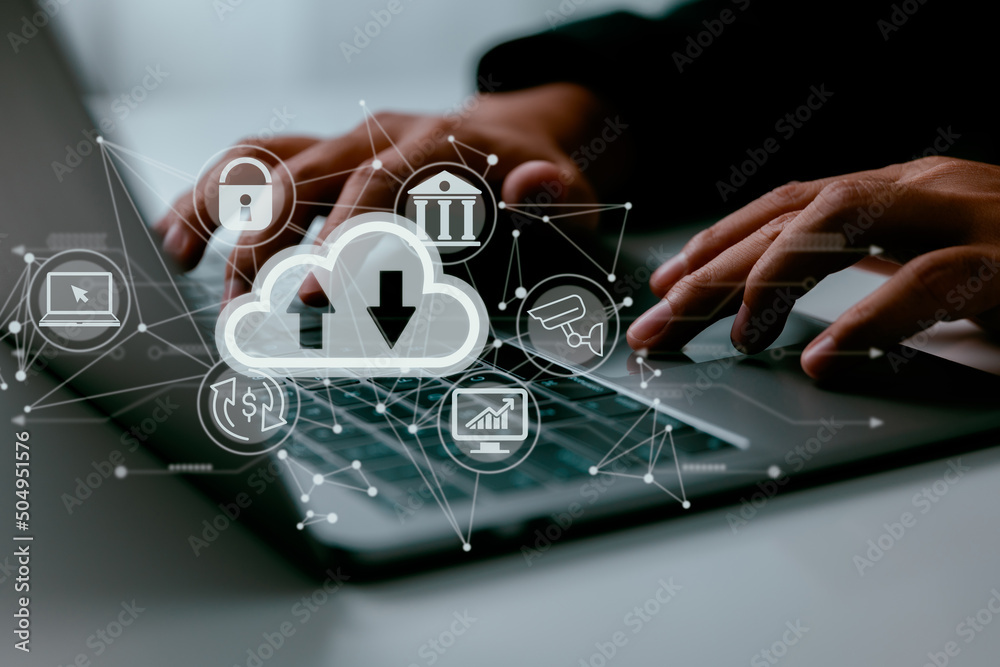 Leinwandbilder On a man's laptop is a cloud computing schematic. Cloud computing, data storage, and internet service ideas.