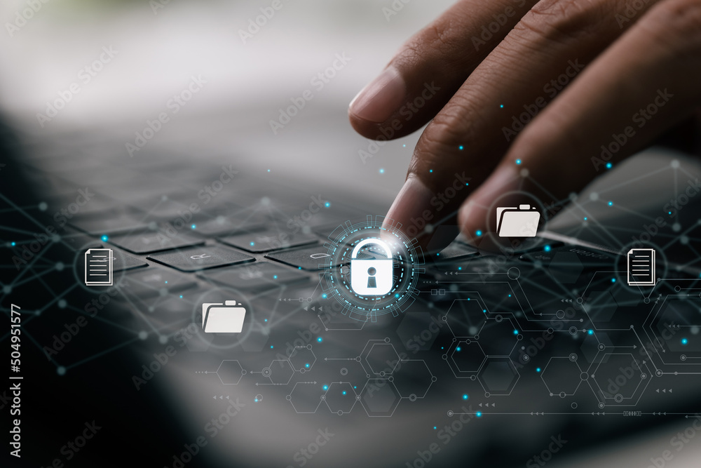 Poster System for managing documents (DMS). Data encryption and digital file storage in an online documentation database. To view files, log on to the cloud computing system network.