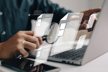 Man inspects paper with magnifying lens. Business analysis, auditing, professional document review,...