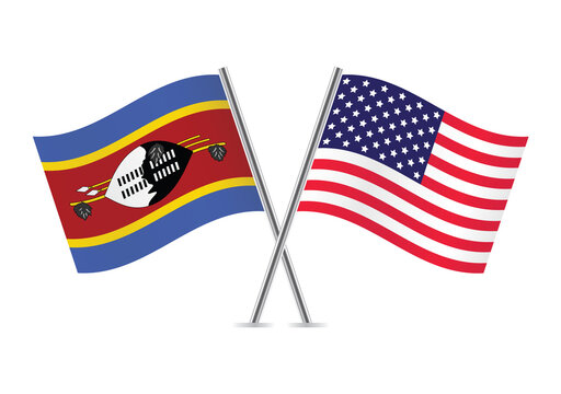The Kingdom of Eswatini and the United States crossed flags. Swaziland and America flags. Swazi and American flags on white background. Vector icon set. Vector illustration.