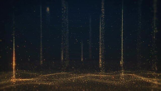 Close up of Golden Shining Sparkles Raising from Bright Dusting Surface on Dark Background making Rain in Mmagic Copyspace. Futuristic Glittering Movement. Abstract Background. Amimation 4K