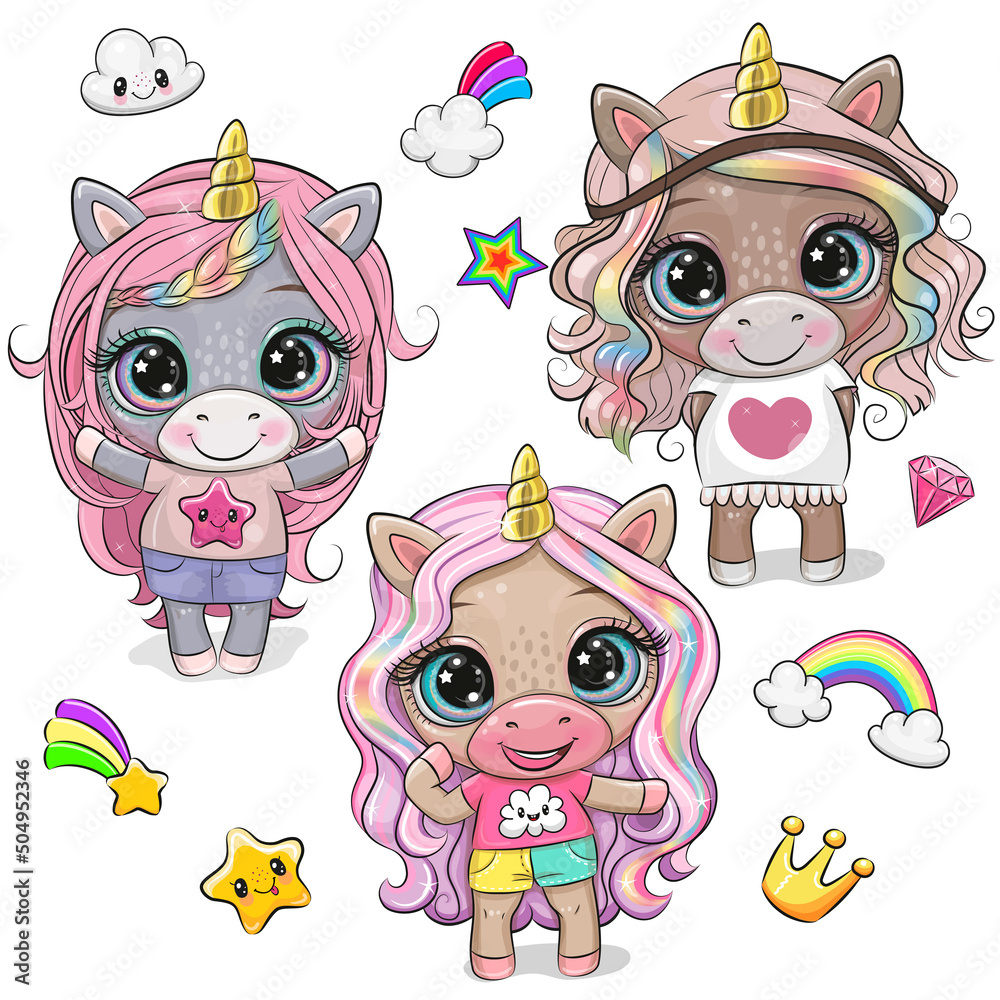 Sticker cartoon unicorns in clothes and with long hair