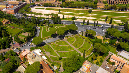 Aerial view of Rome Rose Garden, a public garden located near Circus Maximus in Rome, Italy. Over...