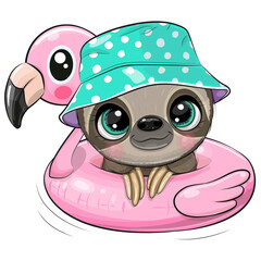 Baby Sloth in panama hat swimming on pool ring inflatable flamingo