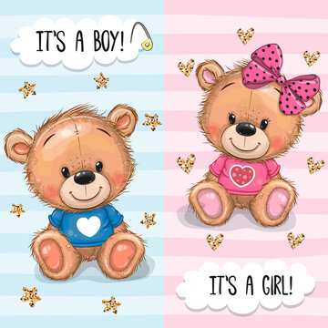 Naklejki Greeting card with Teddy Bears boy and girl