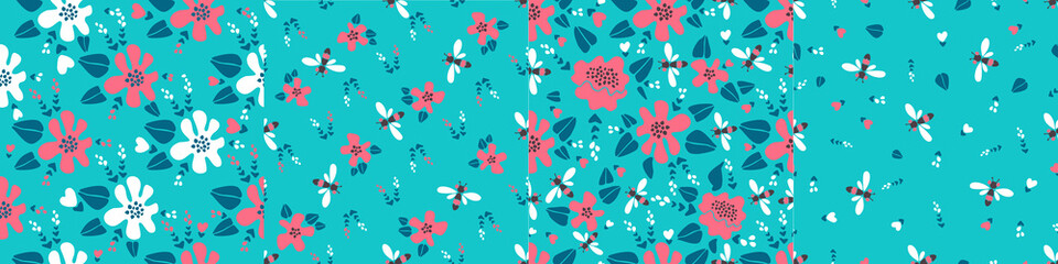 Modern vector floral set of four patterns. Large flowers and small flowers in caral-white tones, dragonflies, bees on a turquoise background. Seamless pattern in minimalist style for paper, textile