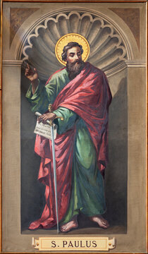 BARI, ITALY - MARCH 3, 2022: The fresco of St. Paul the apostle in the church Chiesa San Ferdinando by Nicola Colonna (1862 -1948).