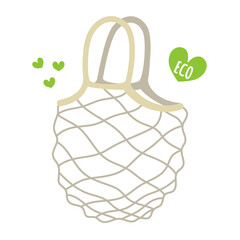 Eco shopping bag. Textile open mesh bag for products. Ecological concept without plastic, lifestyle without waste. Vector illustration.