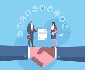 Business agreement, the best deal or success with the great partner concept. Business people are standing on giant handshake with a business contract agreement and business icons in blue scene.