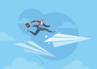 Business transformation, changing strategy, improvement, realignment in business operations or new normal concept. Businessman is jumping to the new paper plane in blue background.