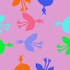 Seamless stylized colored birds. Hand drawn.