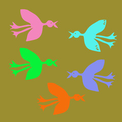 Stylized colored birds. Hand drawn.
