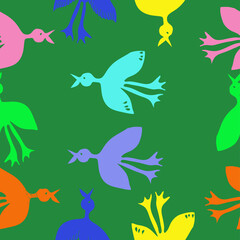 Seamless stylized colored birds. Hand drawn.