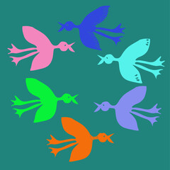 Stylized colored birds. Hand drawn.