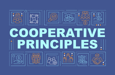 Cooperative work principles word concepts dark blue banner. Business company. Infographics with icons on color background. Isolated typography. Vector illustration with text. Arial-Black font used
